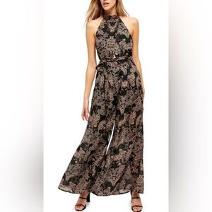 Free People Kissing Sunlight Halter Top Wide Leg Jumpsuit Black Floral Sz Small